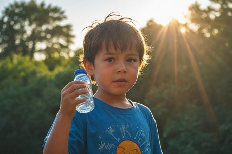 یک کودک که یک بطری آب در دست گرفته و گرمازده شده است