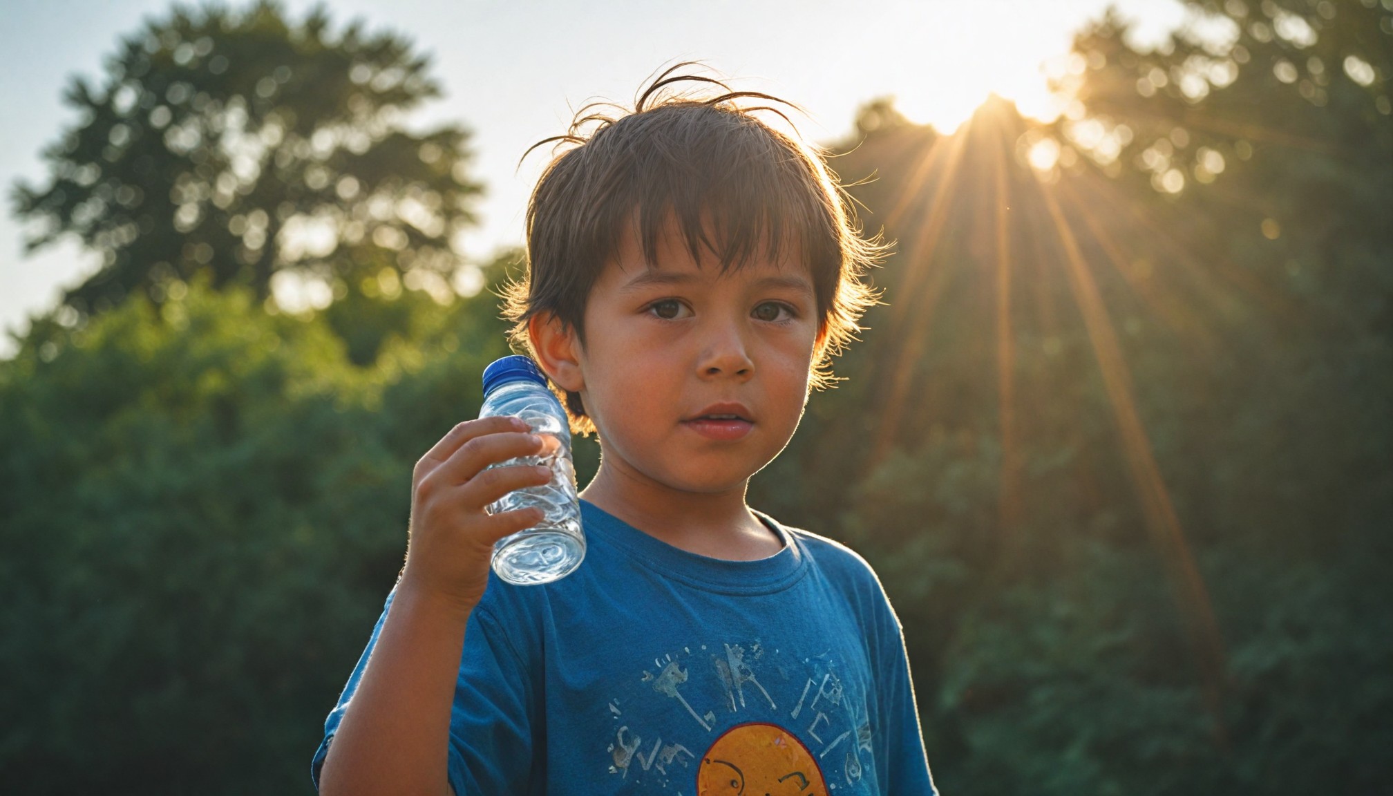 یک کودک که یک بطری آب در دست گرفته و گرمازده شده است